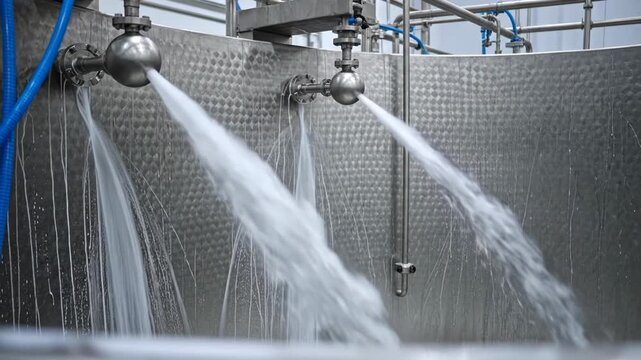 Industrial stainless steel tank interior being cleaned by multiple high-pressure spray nozzles, showing water streams and splashes during a Clean-In-Place process.
