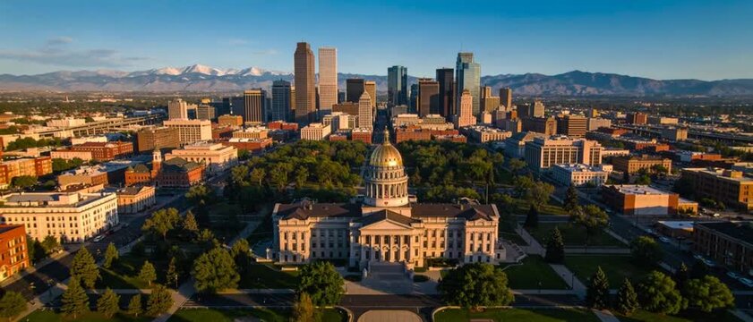 aerial drone view colorado state capitol denver dolly out video