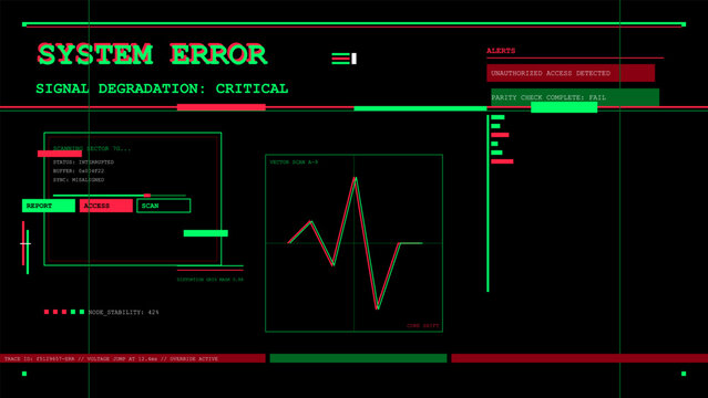 Glitchy system error screen with critical signal degradation and unauthorized access alerts