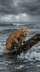 Cat Family Struggling Against Ocean Waves