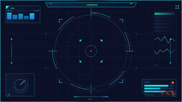 Futuristic heads up display screen with target reticle and digital data analysis elements on a dark background