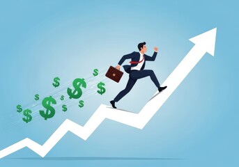 Obraz premium Businessman running up a graph with dollar signs floating in the air