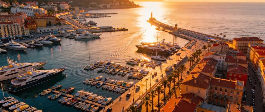 aerial view of nice harbor french riviera sunset video drone zoom out