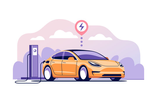 Electric car charging battery at electric gas station. Green technology. Alternative eco fuel. Vehicle recharge. Electrical charger. Vector illustration.