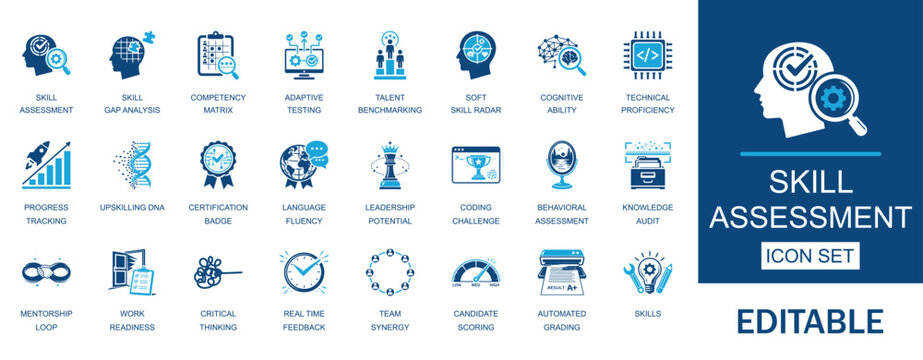 Skill Assessment and Recruitment icon set. Includes symbols for screening, certification, career, talent, hiring and Interview. Editable flat vector icons for HR and talent evaluation.