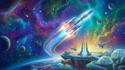 Obraz premium Futuristic Rocket Launch in Space. Concept featuring rocket, space, launch, cosmic, galaxy.