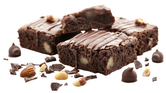 Delicious brownies with chocolate and nuts on transparent background