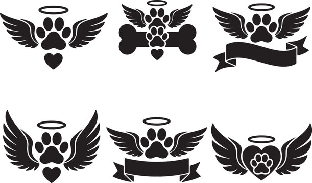 Six black silhouette of winged paw prints with halos and decorative also transparent background wings