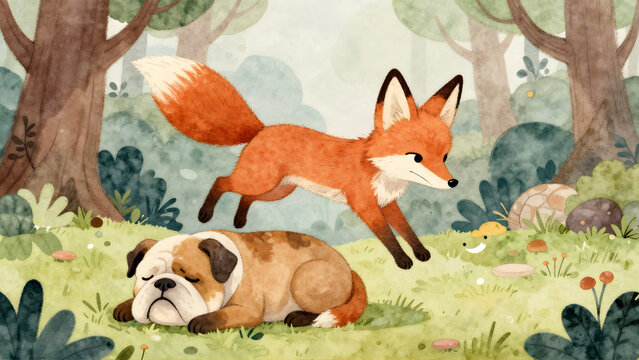 Watercolor illustration of a quick brown fox jumping over a lazy sleeping bulldog in a sunny summer meadow.