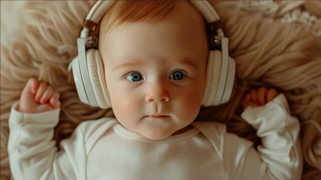 A baby wearing a pair of white headphones.