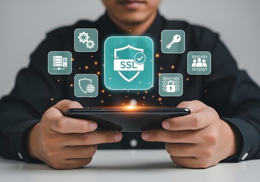 Person holding smartphone with ssl shield and security icons floating above the device screen view