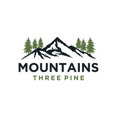 Mountain with lake forest, pine evergreen tree with river creek landscape outdoor logo design vector