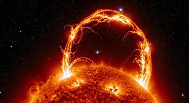 Gigantic loop of glowing plasma erupts from the surface of a star against the blackness of space