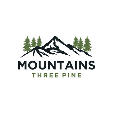 Mountain with lake forest, pine evergreen tree with river creek landscape outdoor logo design vector