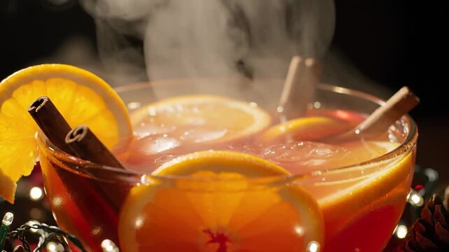 Festive Steaming Hot Mulled Wine Punch with Orange Slices and Cinnamon Sticks, Perfect for Winter Holidays
