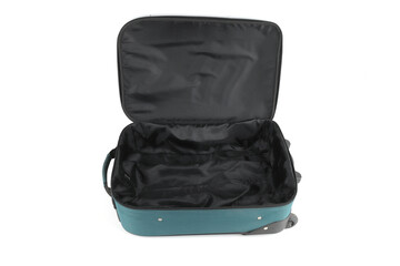 Open empty luggage isolated on white background. Teal travel hard side cabin suitcase.
