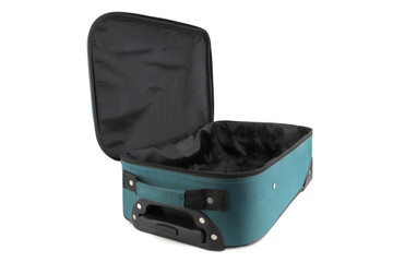 Open empty luggage isolated on white background. Teal travel hard side cabin suitcase.