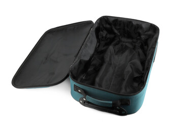 Open empty luggage isolated on white background. Teal travel hard side cabin suitcase.