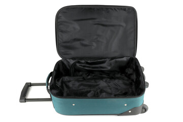 Open empty luggage isolated on white background. Teal travel hard side cabin suitcase.