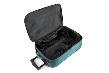 Open empty luggage isolated on white background. Teal travel hard side cabin suitcase.