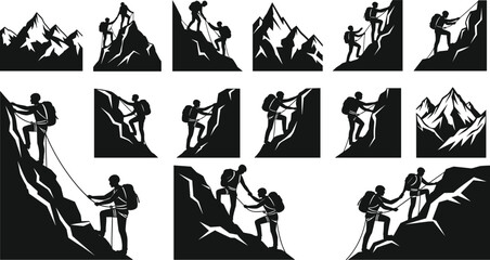 Mountain climbing silhouettes, climbers ascending peaks, teamwork, ropes, adventure, perseverance, outdoor exploration, summit achievement, mountaineering gear – flat vector illustration