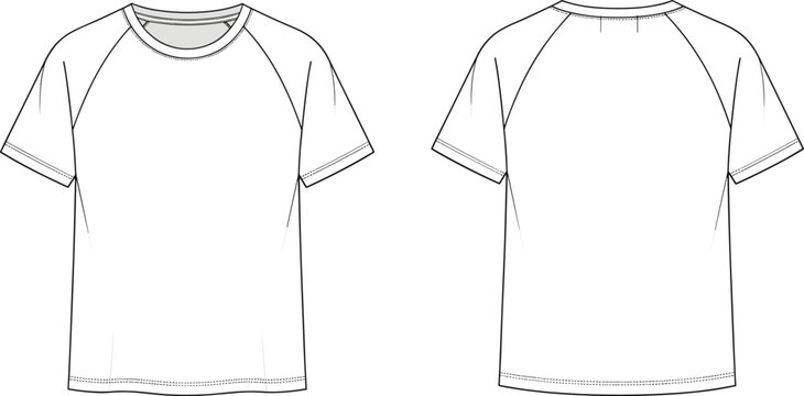Raglan T‑shirt flat sketch, front and back views, crew neckline, stitching details, sporty sleeve design, apparel construction &ndash; flat vector illustration