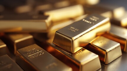 Close-up View of Gold Bullion Bars Stacked Elegantly in a Display, Symbolizing Wealth, Prosperity, and Investment Opportunities in Precious Metals