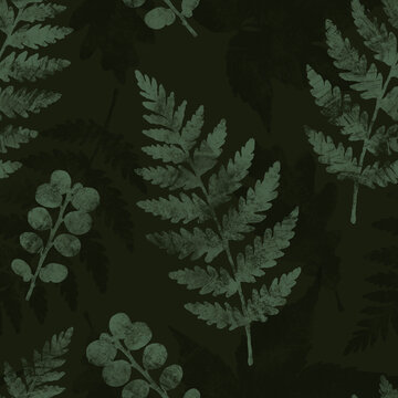 Watercolor seamless pattern with fern leaves in natural green tones on a white background. Ideal for textiles, wallpapers, packaging, stationery, and nature-inspired designs.