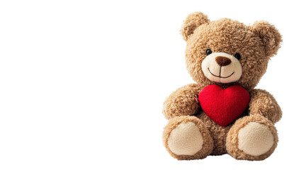Obraz premium Soft brown teddy bear toy holding plush red heart symbol on transparent background