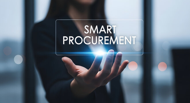 A person interacting with a smart procurement interface in a modern office environment from a close-up viewpoint