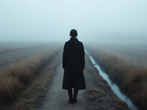Donna solitaria in cappotto nero che cammina nella nebbia fitta, vista da dietro