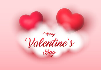 Valentine's Day. Red pair of hearts. Realistic 3d design, two hearts with cluud, Romantic background, creative banner, web poster. vector illustration