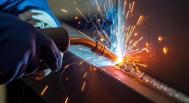 A welder skillfully creates a powerful electric arc, generating bright sparks and intense light on metal.