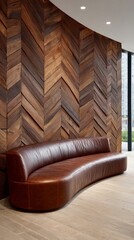 Brown leather sofa with wooden herringbone wall in modern interior. Luxurious and cozy living space design for home decor.