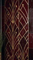 Art deco style pattern on dark red marble wall. Geometric golden line texture backdrop for luxury interior design concept.