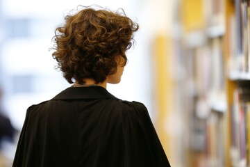 Young woman with curly hair from behind looking at books in library. Academic environment and learning concept. Knowledge literature.