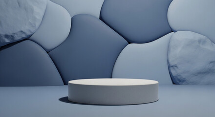 Obraz premium Minimalist product display podium with abstract blue and grey textured background for modern presentation.