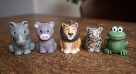Five miniature animal toys arranged in a row on a wooden table. Playful concept for kid education, animal learning, and childhood.