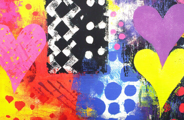 Colorful abstract background with hearts over an acrylic painting on canvas. Creative texture for love, Valentine Day, children design.