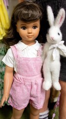 Cute doll with brown hair in pink overalls holding a small white rabbit toy. Childhood plaything and gift for kid, for Easter.
