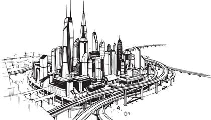 Fototapeta premium City landscape. Different buildings on street, outline cityscape hand sketch, flat houses. Hand drawn vector illustration