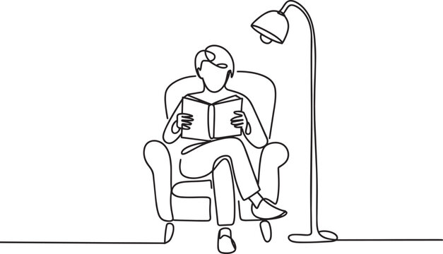 One continuous line drawing of person sitting in chair reading book near floor lamp