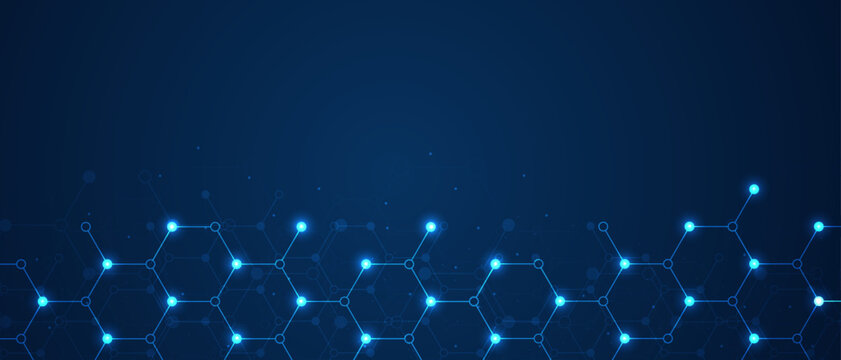 Hexagons pattern on blue background. Genetic research, molecular structure. Chemical engineering. Concept of innovation technology. Used for design healthcare, science and medicine background