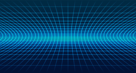 Neon blue grid floor stretches into perspective, creating a retro 80s cyberpunk wireframe background with glowing digital lines and futuristic grid pattern depth.