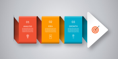 Infographic arrow vector template with 3 steps. Can be used for timeline visualization, strategy planning, sequential steps, diagram, chart, graph, business presentation.
