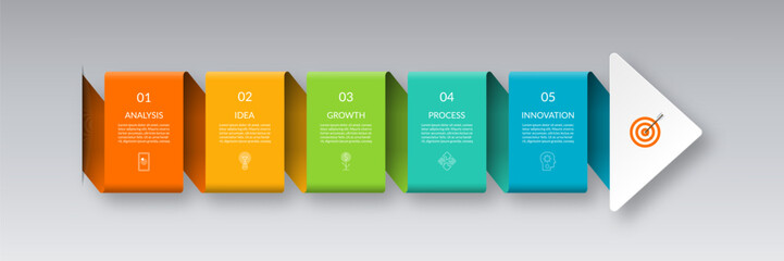 Infographic arrow vector template with 5 steps. Can be used for timeline visualization, strategy planning, sequential steps, diagram, chart, graph, business presentation.