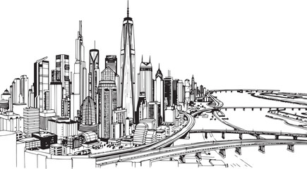 Obraz premium City landscape. Different buildings on street, outline cityscape hand sketch, flat houses. Hand drawn vector illustration