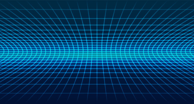 Neon blue grid floor stretches into perspective, creating a retro 80s cyberpunk wireframe background with glowing digital lines and futuristic grid pattern depth.