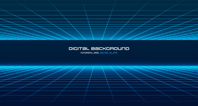 Futuristic 3D wireframe stretches toward horizon with glowing cyan lines, evoking retro arcade aesthetics in virtual cyberspace with synthwave-inspired lattice patterns and purple accents.