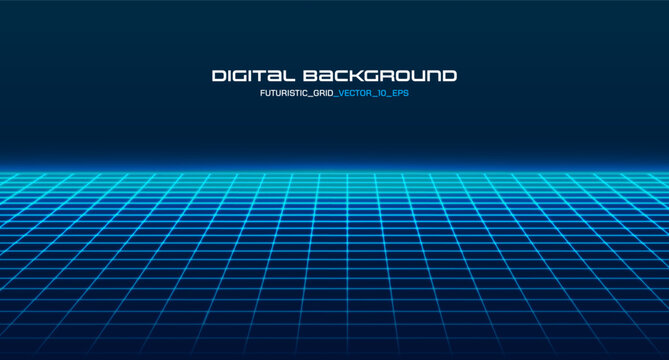 Neon grid floor stretches into perspective with glowing blue lines, creating an 80s retro arcade atmosphere with cyberpunk-inspired digital grid patterns and futuristic depth.